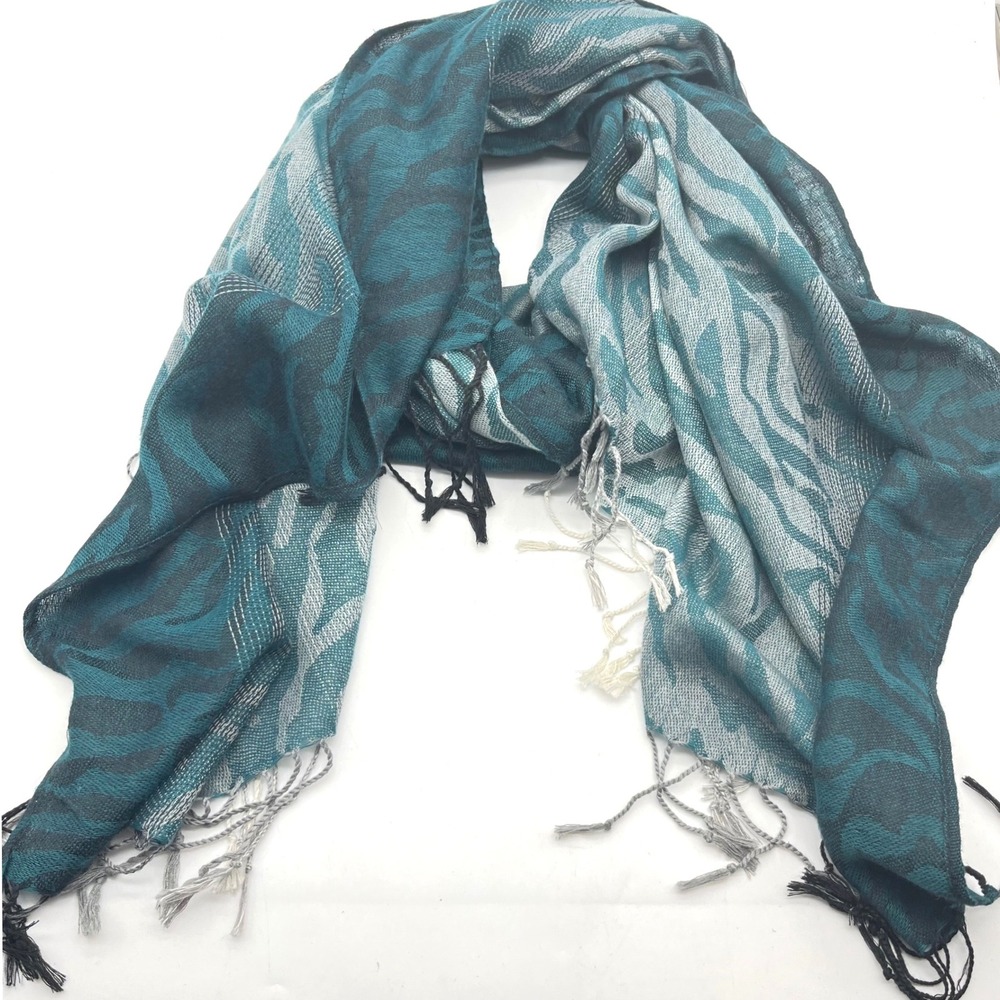 Teal and Grey Zebra Print Fringed Scarf Lightweight Wrap Polyester